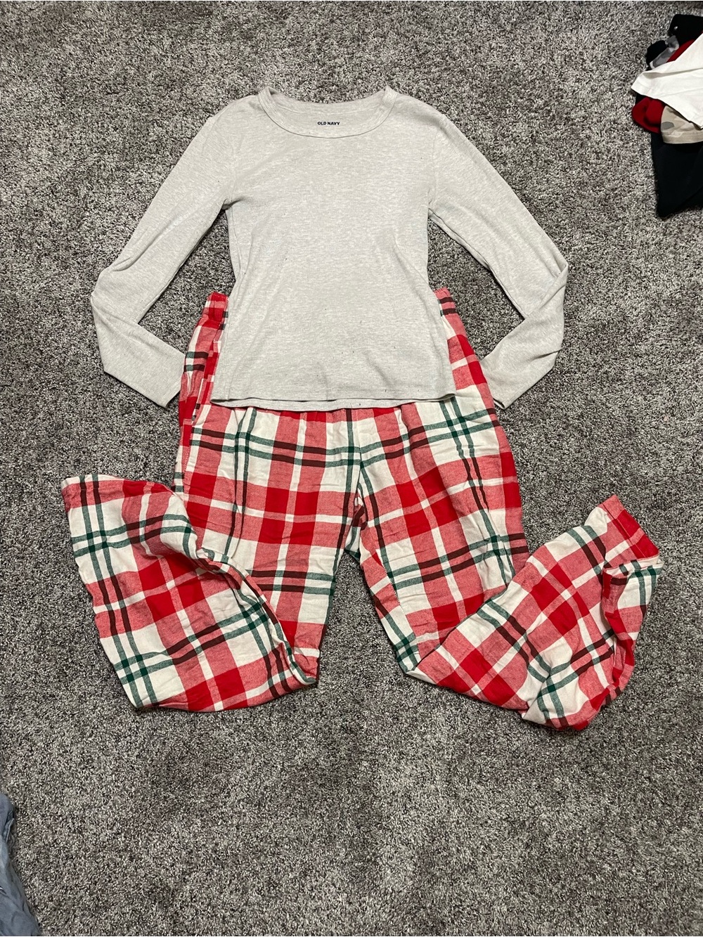 Old Navy Gray Long Sleeve Top with Red Plaid Pajama Pants